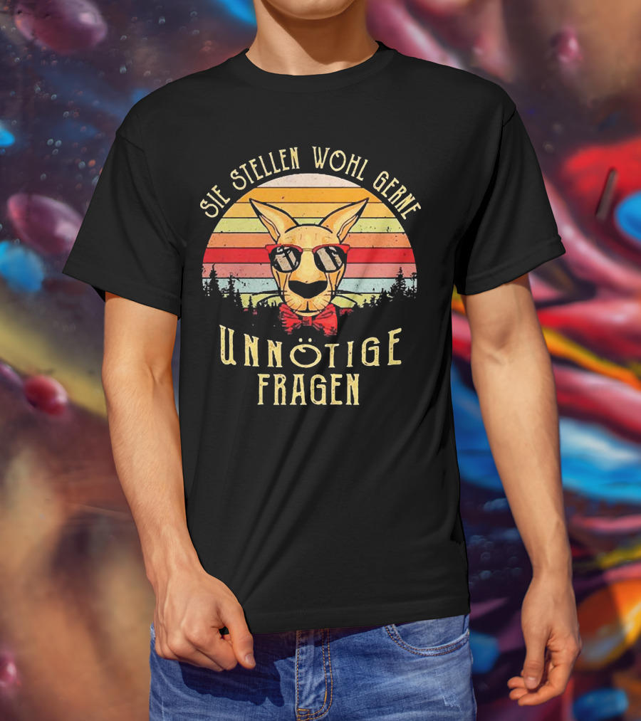 Sie Stellen Wohl Gerne Unnötige Fragen Retro Kangaroo With Sunglasses And Bow Tie Forest Stripes T-Shirt