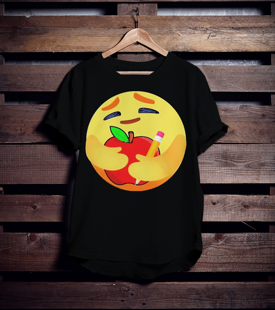 Teacher Care Emoji Hugging Apple And Pencil T-Shirt