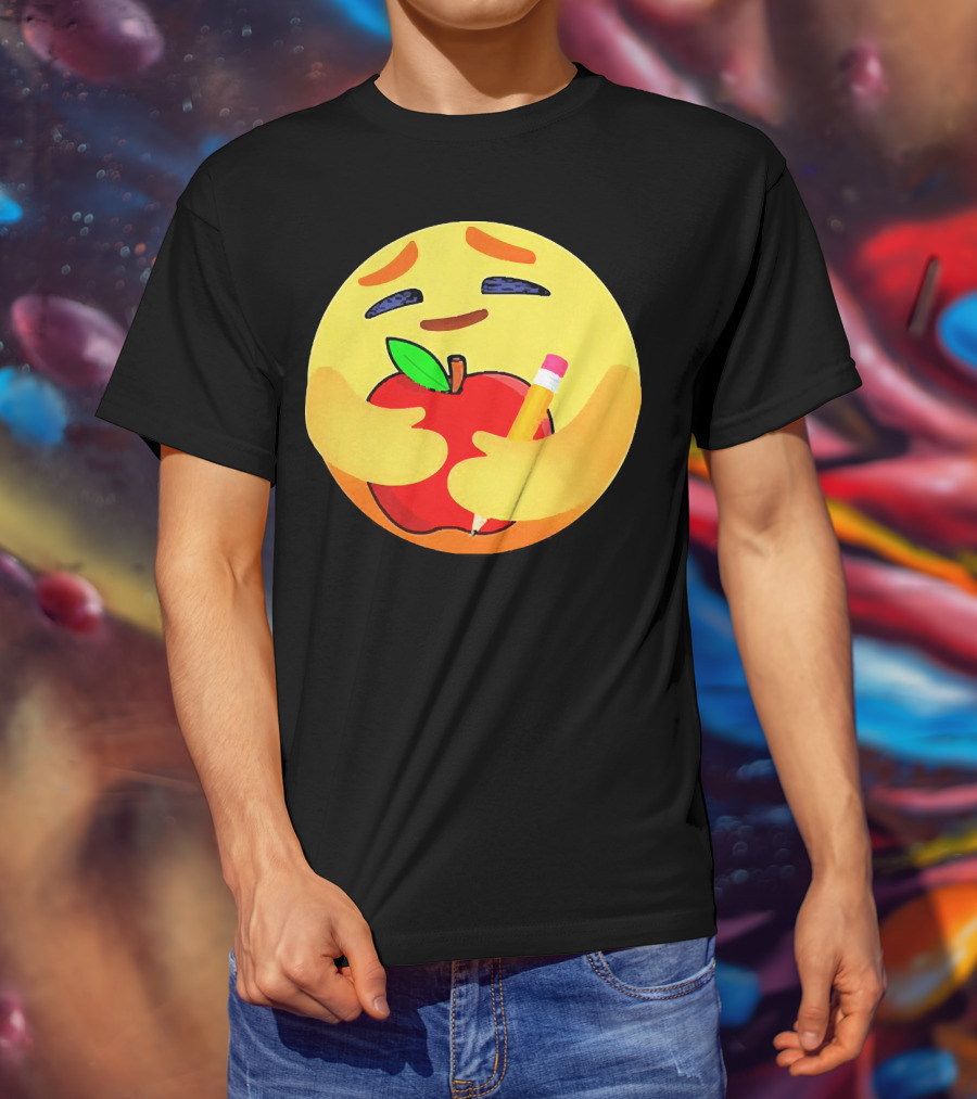 Teacher Care Emoji Hugging Apple And Pencil T-Shirt