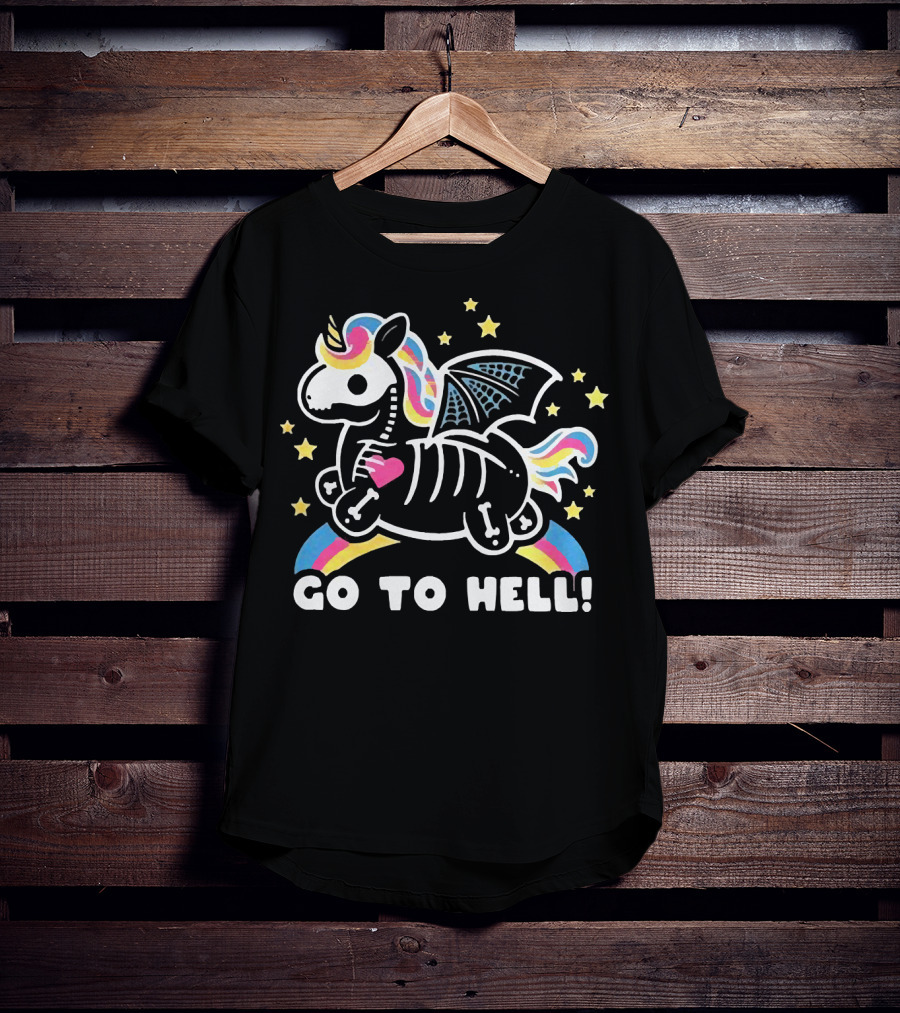 Unicorn Go To Hell Colorful Skeleton Bat Wings Rainbow Stars T-Shirt