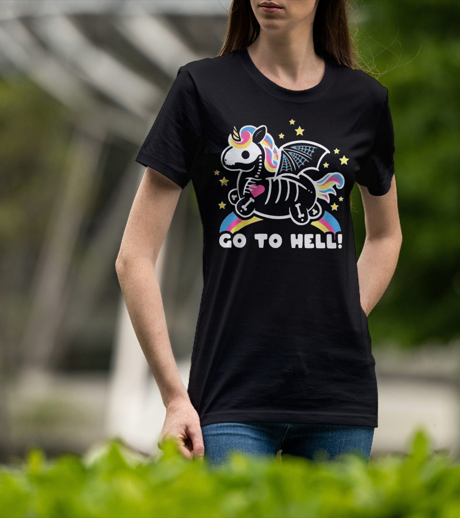 Unicorn Go To Hell Colorful Skeleton Bat Wings Rainbow Stars T-Shirt