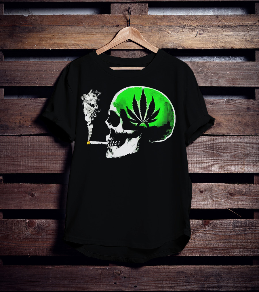 Weed Leaves Skull Smoking Joint Green Marijuana T-Shirt