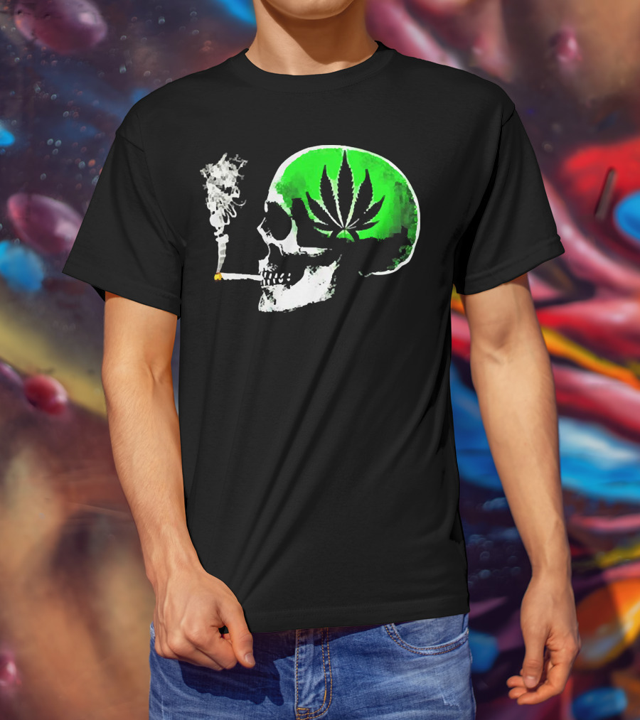 Weed Leaves Skull Smoking Joint Green Marijuana T-Shirt