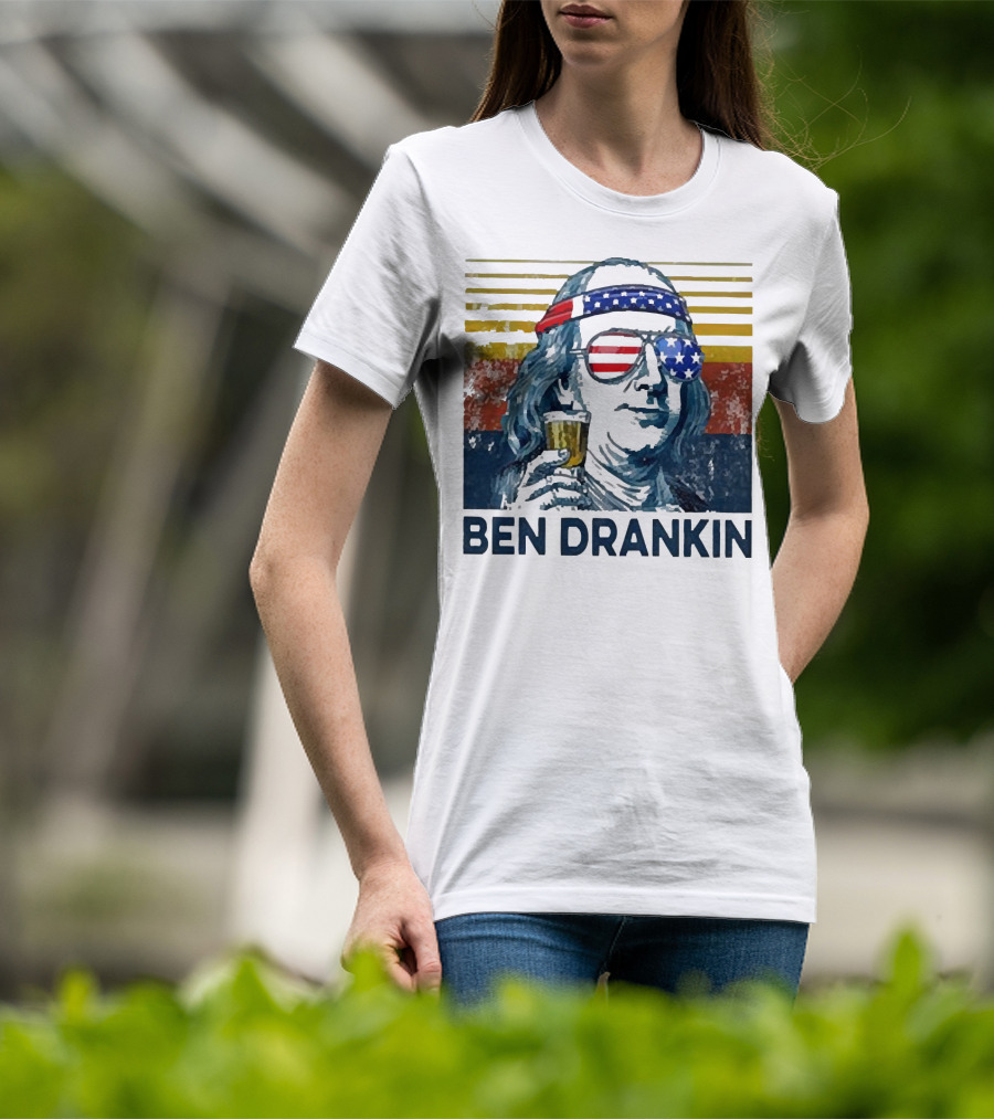 Ben Drankin Beer American Flag Sunglasses Patriotic Benjamin Franklin T-Shirt