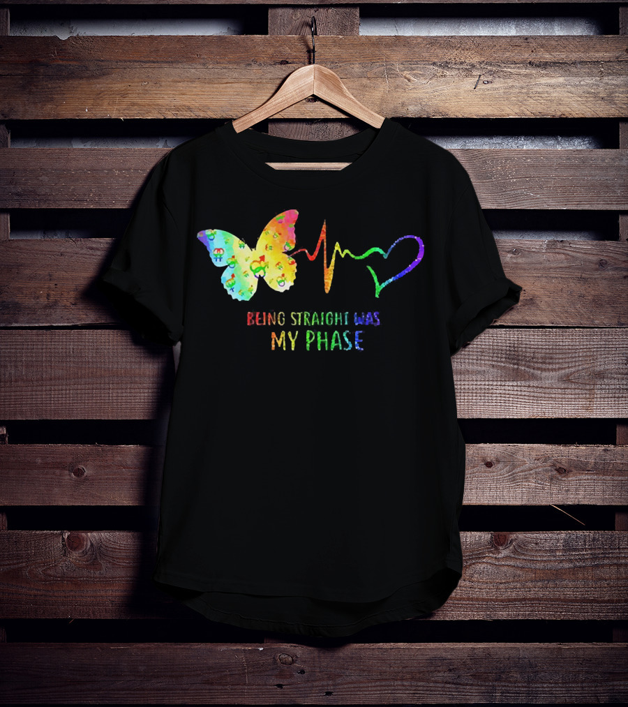 Being Straight Was My Phase Heartbeat Butterfly Rainbow T-Shirt