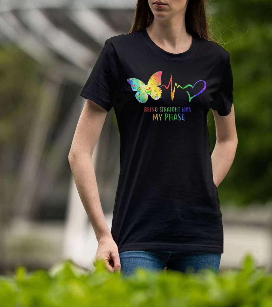 Being Straight Was My Phase Heartbeat Butterfly Rainbow T-Shirt