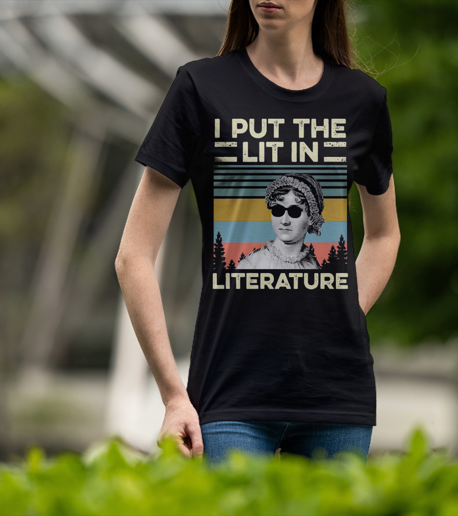 I Put The Lit In Literature Jane Austen Vintage Sunglasses Retro Forest Stripes T-Shirt