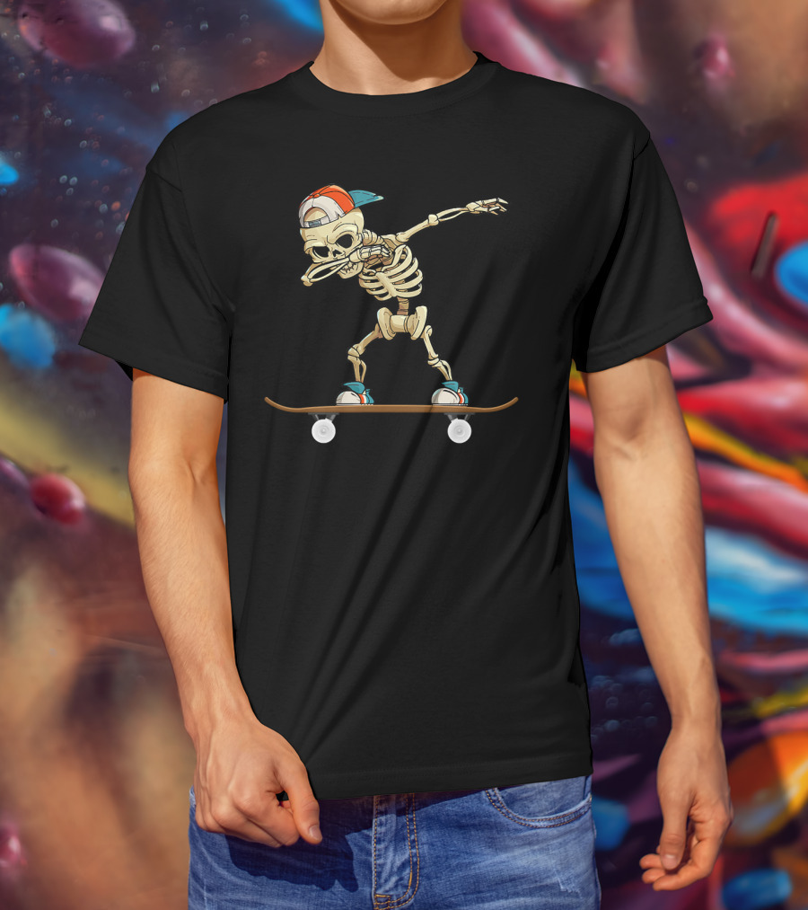 Dabbing Skeleton Skater Cool Skateboard Trick T-Shirt