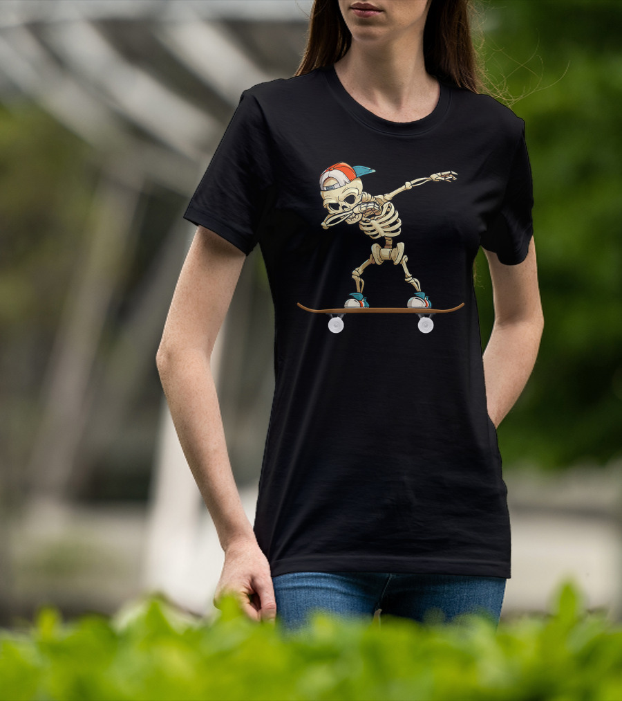 Dabbing Skeleton Skater Cool Skateboard Trick T-Shirt