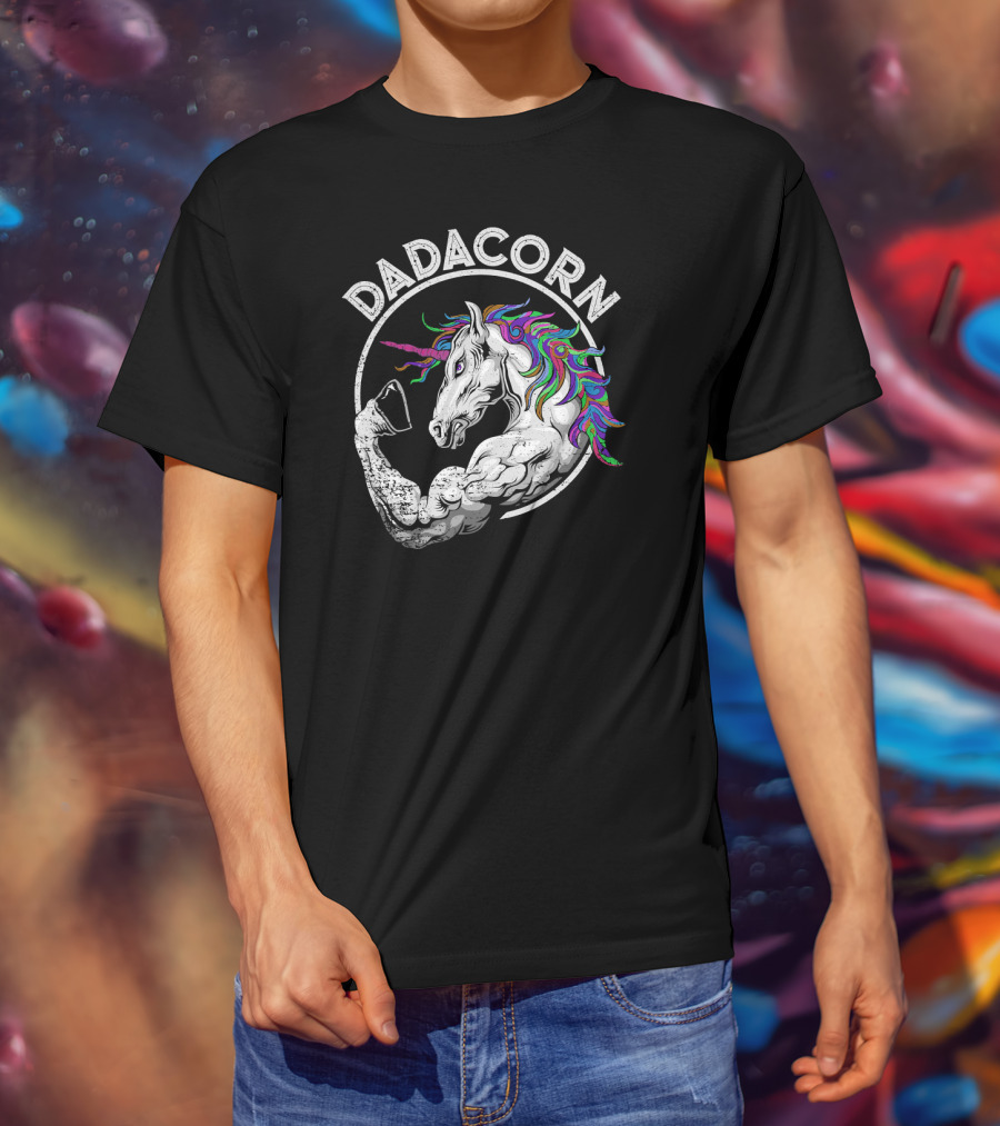 Dadacorn Muscle Unicorn Flexing Rainbow Mane T-Shirt