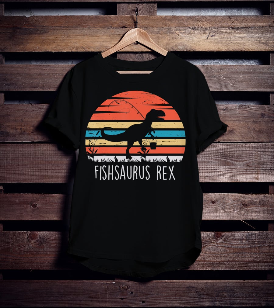Fishsaurus Rex Dinosaur Vintage Fishing Sunset T-Shirt