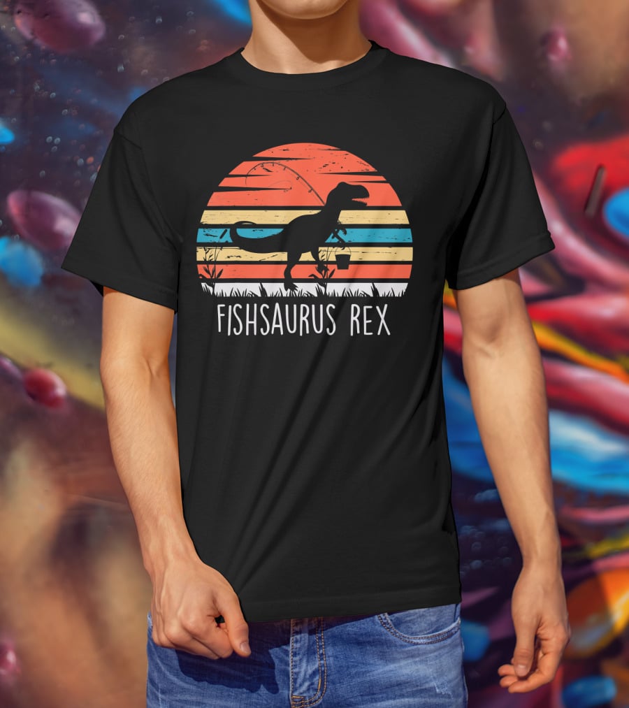 Fishsaurus Rex Dinosaur Vintage Fishing Sunset T-Shirt