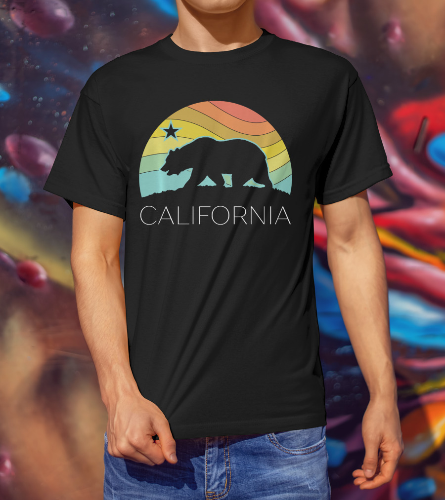 Retro California Bear Vintage Beach Cali Pride Surf 70s 80s Star Rainbow T-Shirt