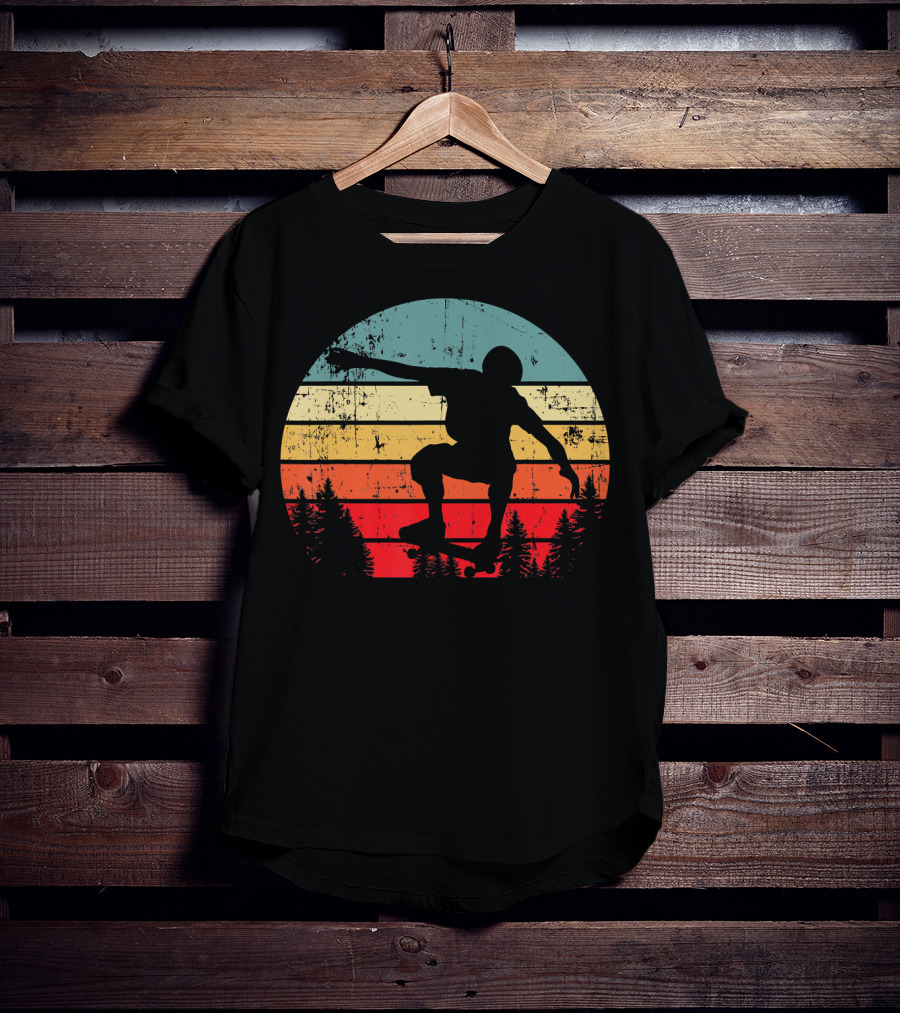 Trick Move Retro Vintage Skateboarder Silhouette Forest Sunset T-Shirt