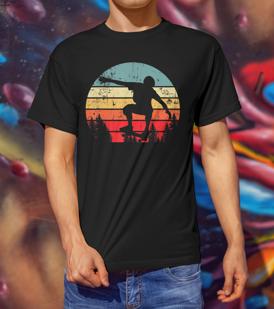 Trick Move Retro Vintage Skateboarder Silhouette Forest Sunset T-Shirt