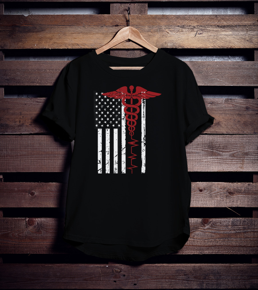 USA Flag Caduceus Medical Symbol Black Patriotic Nurse T-Shirt