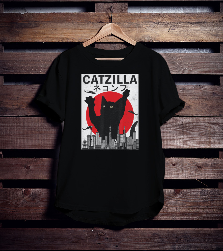 Catzilla Japanese Sunset Style Cat With Helicopter And Skyline Elements T-Shirt