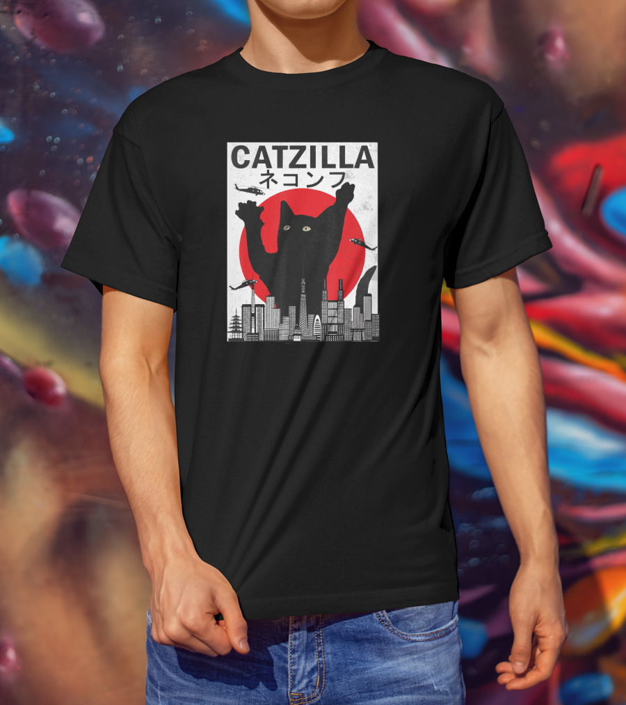 Catzilla Japanese Sunset Style Cat With Helicopter And Skyline Elements T-Shirt
