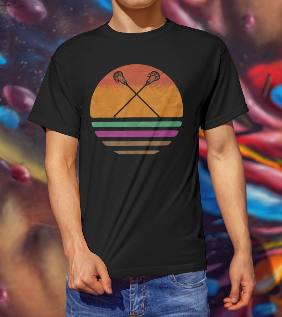 Vintage Retro Lacrosse Crossed Sticks Silhouette Sun T-Shirt