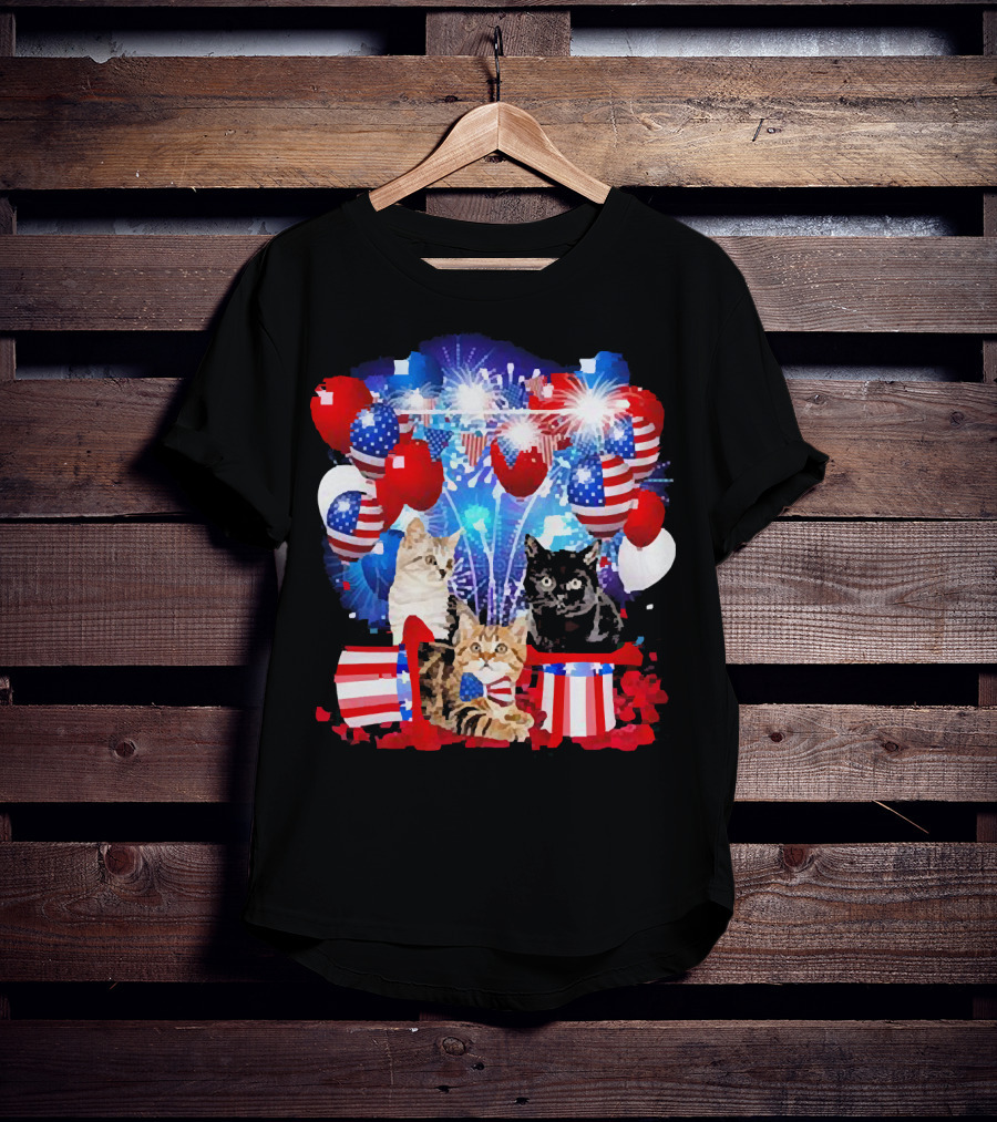 Cats Fireworks Balloons America Flag Happy Independence Day T-Shirt