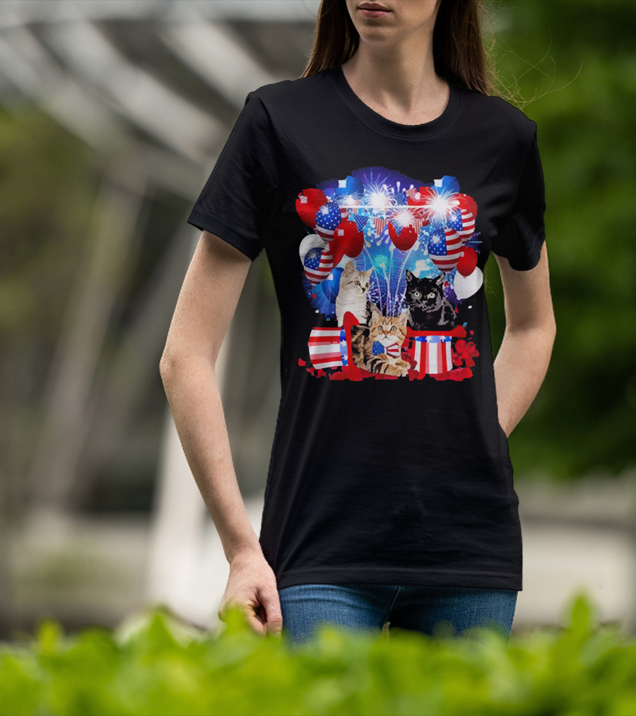 Cats Fireworks Balloons America Flag Happy Independence Day T-Shirt