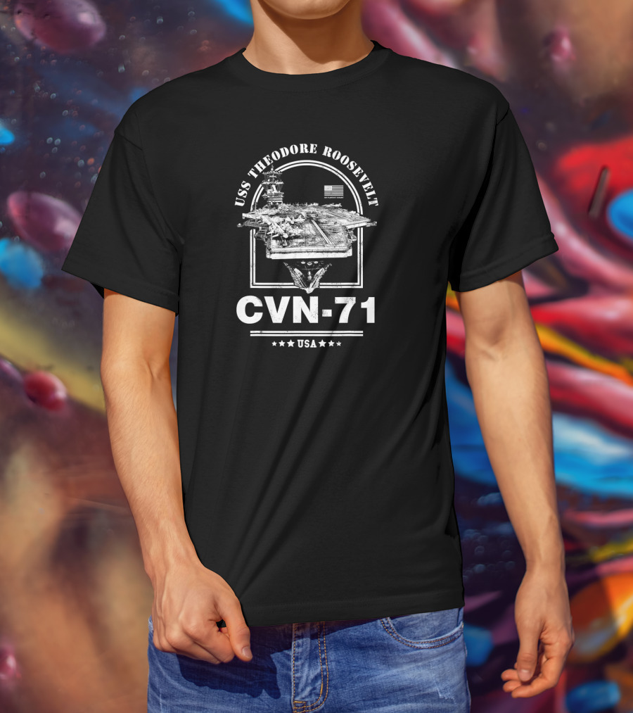 USS Theodore Roosevelt CVN-71 USA American Flag Aircraft Carrier T-Shirt