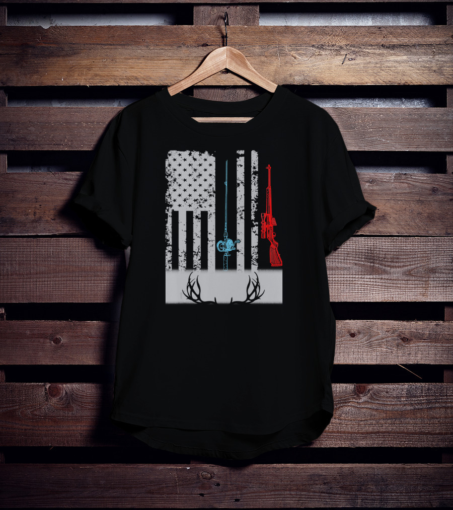 American Flag Fishing Rod Rifle Antlers T-Shirt