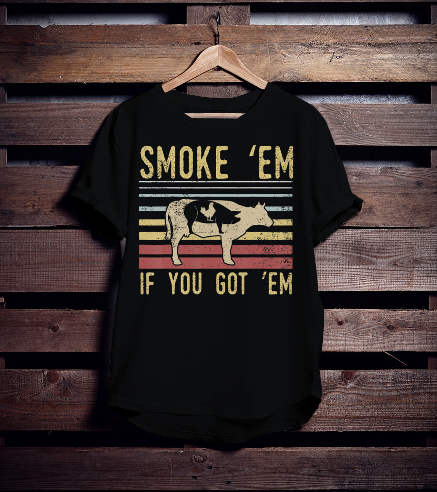 Retro BBQ Smoke 'Em If You Got 'Em Grilling Cow And Pig Silhouette Vintage Stripes T-Shirt