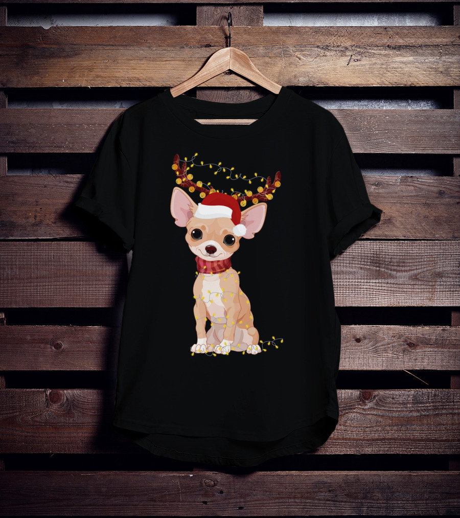 Chihuahua With Santa Hat Reindeer Antlers Christmas Lights Noel T-Shirt