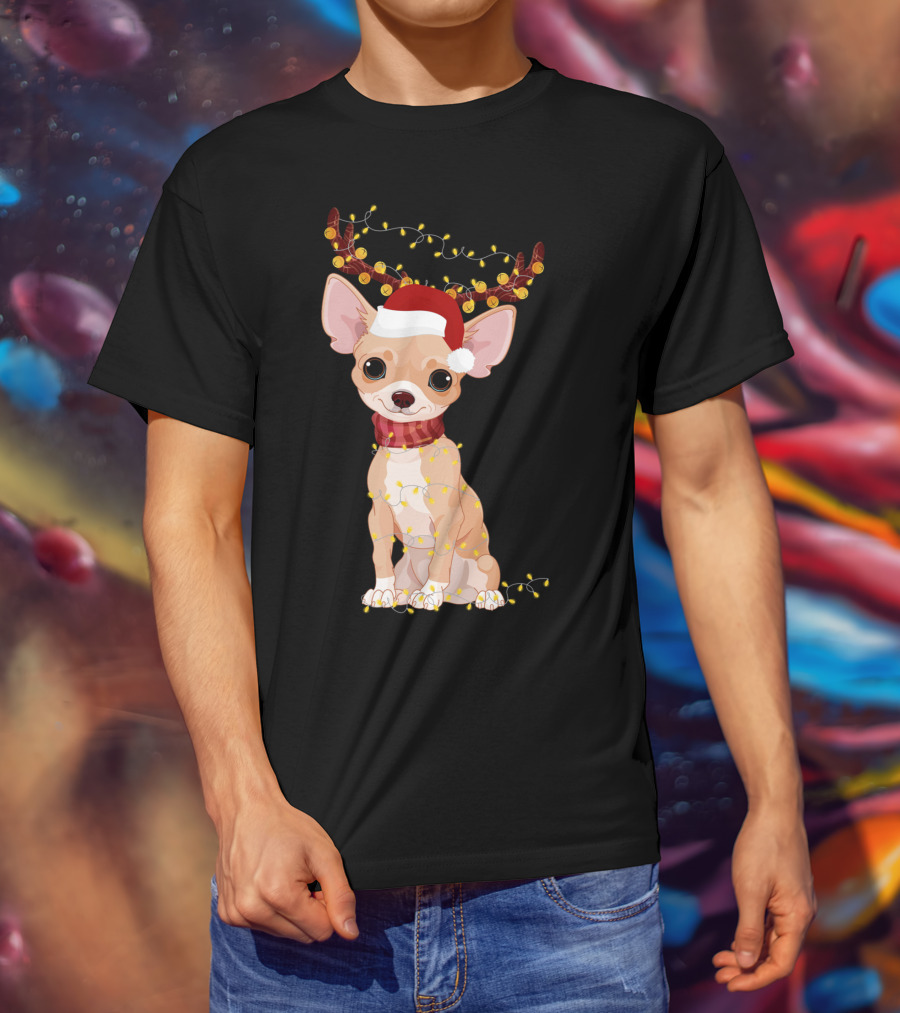 Chihuahua With Santa Hat Reindeer Antlers Christmas Lights Noel T-Shirt