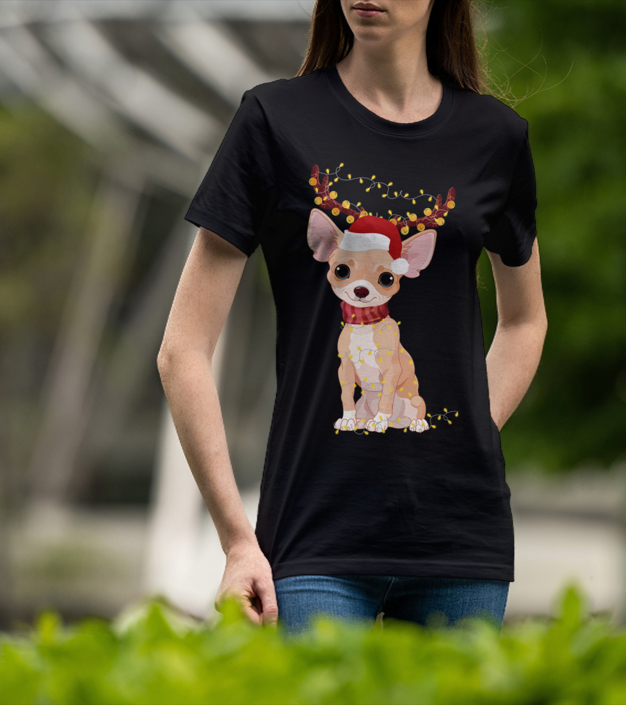 Chihuahua With Santa Hat Reindeer Antlers Christmas Lights Noel T-Shirt