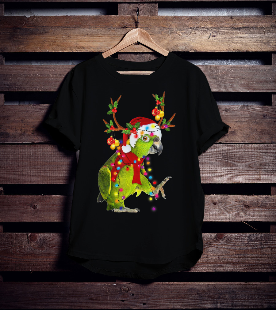 Cockatoo Parrot Reindeer Antlers Christmas Lights Santa Hat T-Shirt