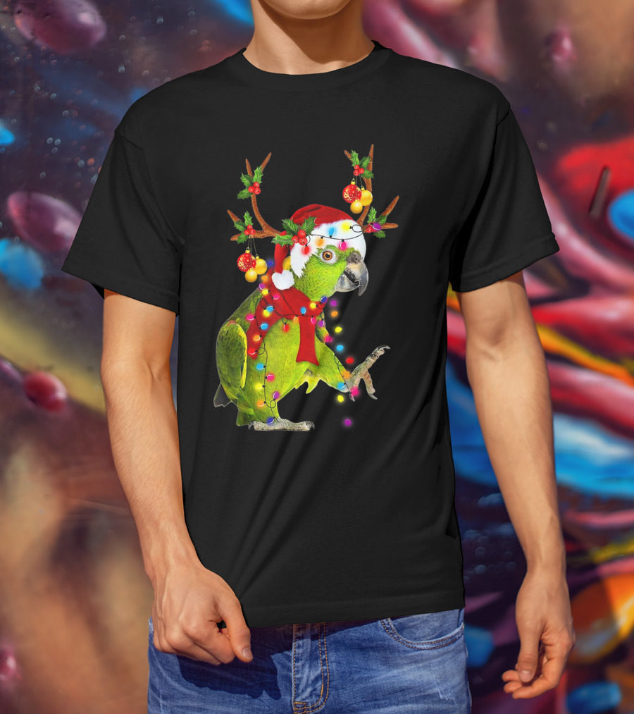 Cockatoo Parrot Reindeer Antlers Christmas Lights Santa Hat T-Shirt