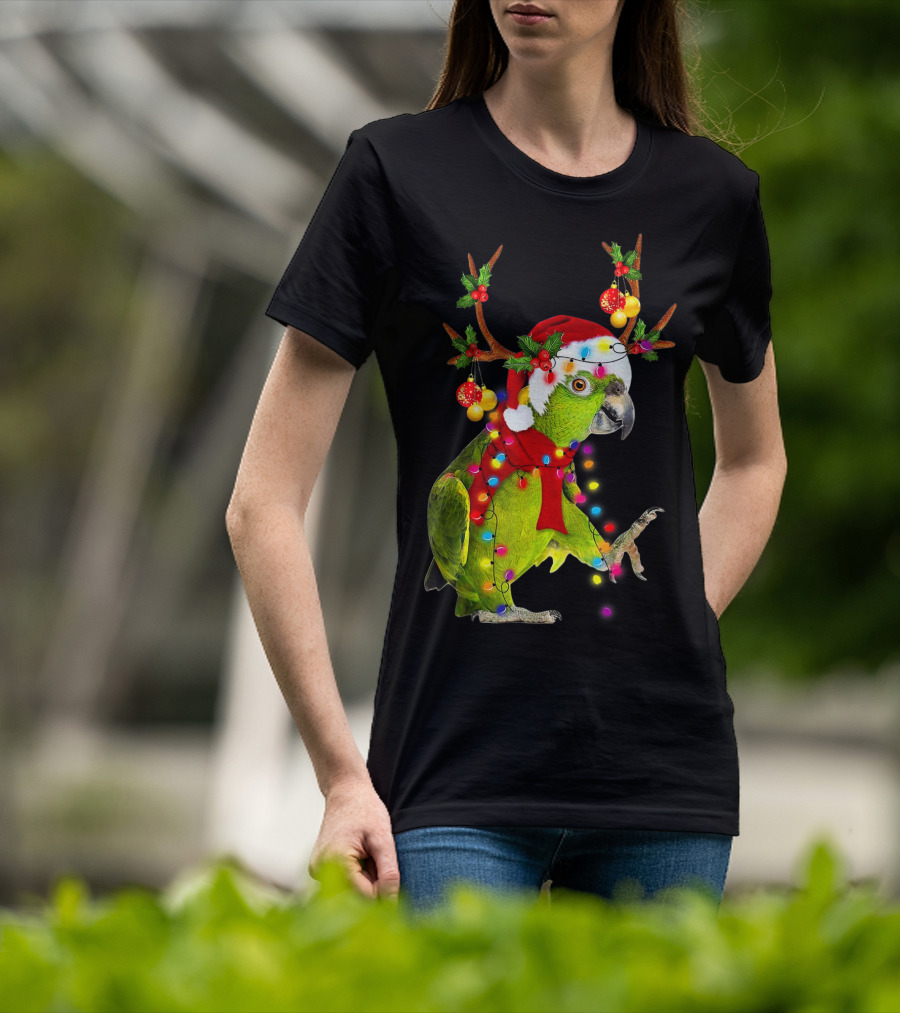 Cockatoo Parrot Reindeer Antlers Christmas Lights Santa Hat T-Shirt