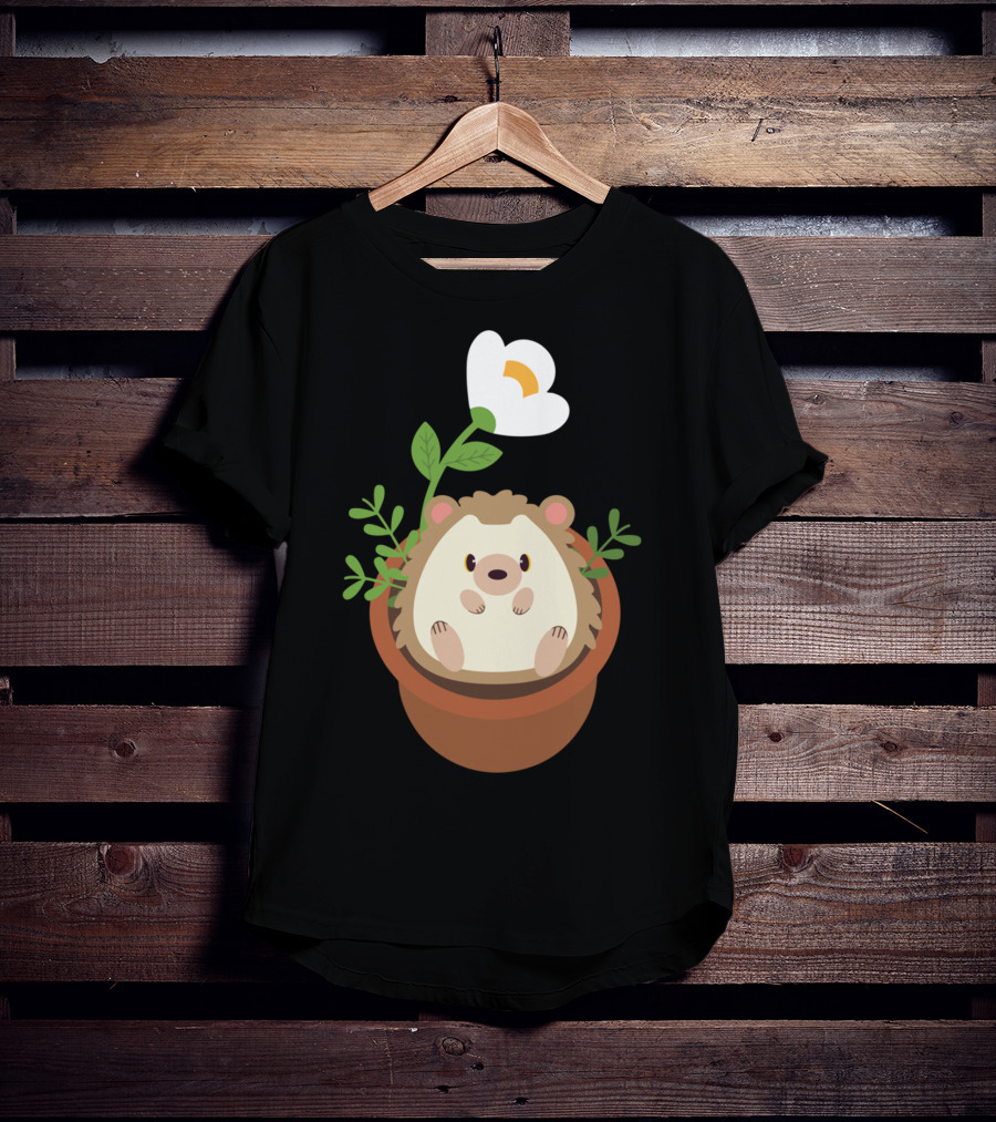Cute Hedgehog Sitting In Flowering Plant Pot T-Shirt