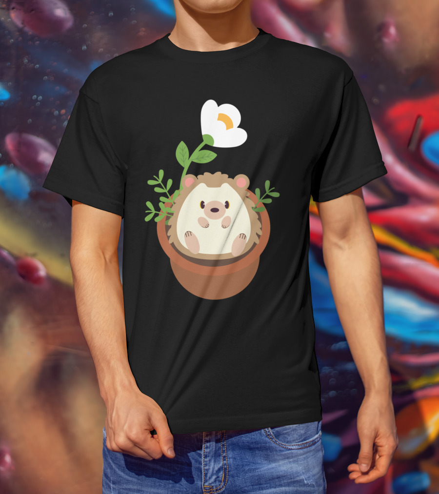 Cute Hedgehog Sitting In Flowering Plant Pot T-Shirt