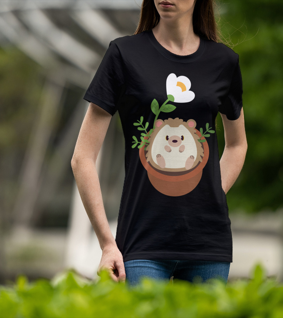 Cute Hedgehog Sitting In Flowering Plant Pot T-Shirt