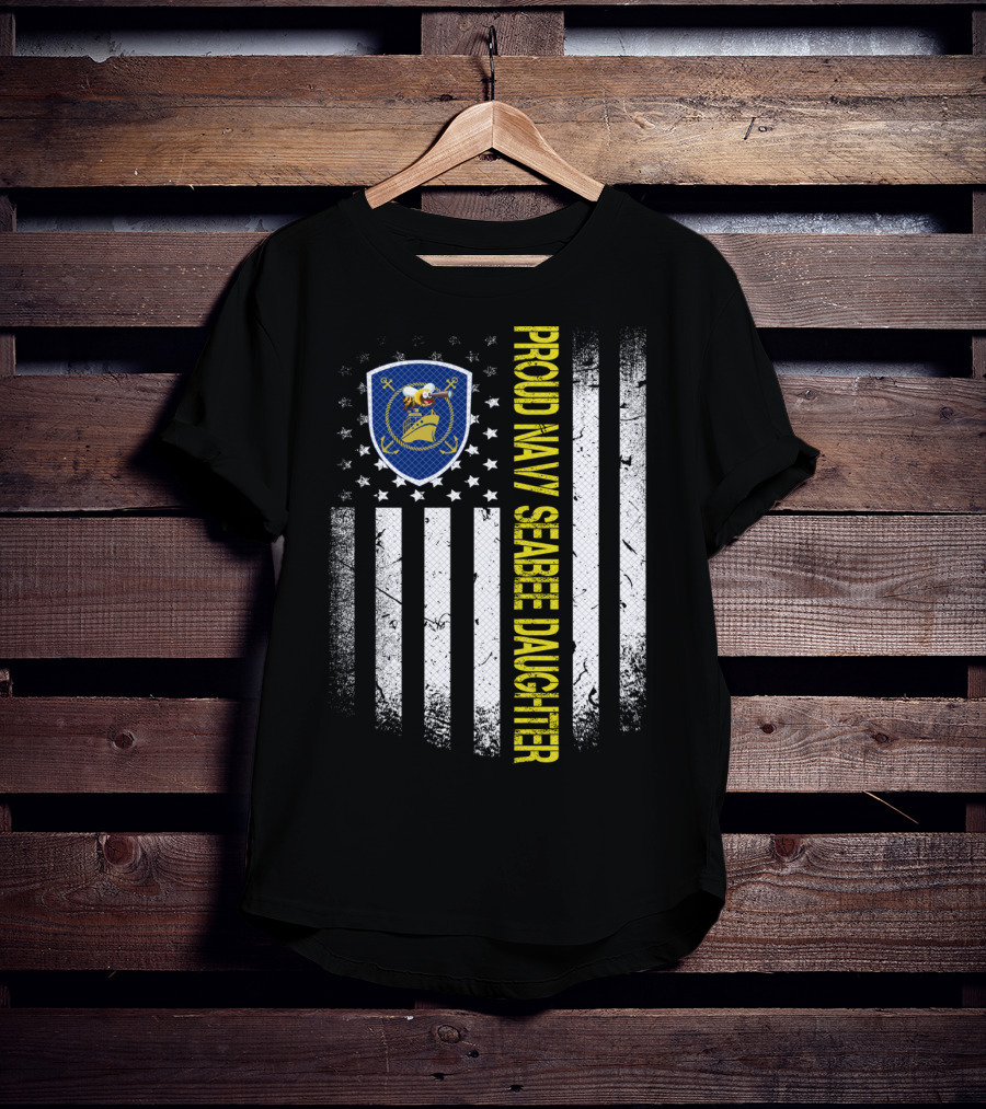 Proud Navy Seabee Daughter Black And White American Flag With Seabee Emblem T-Shirt