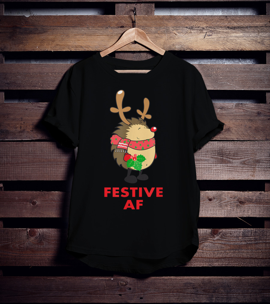 Festive AF Christmas Hedgehog With Scarf And Antlers T-Shirt