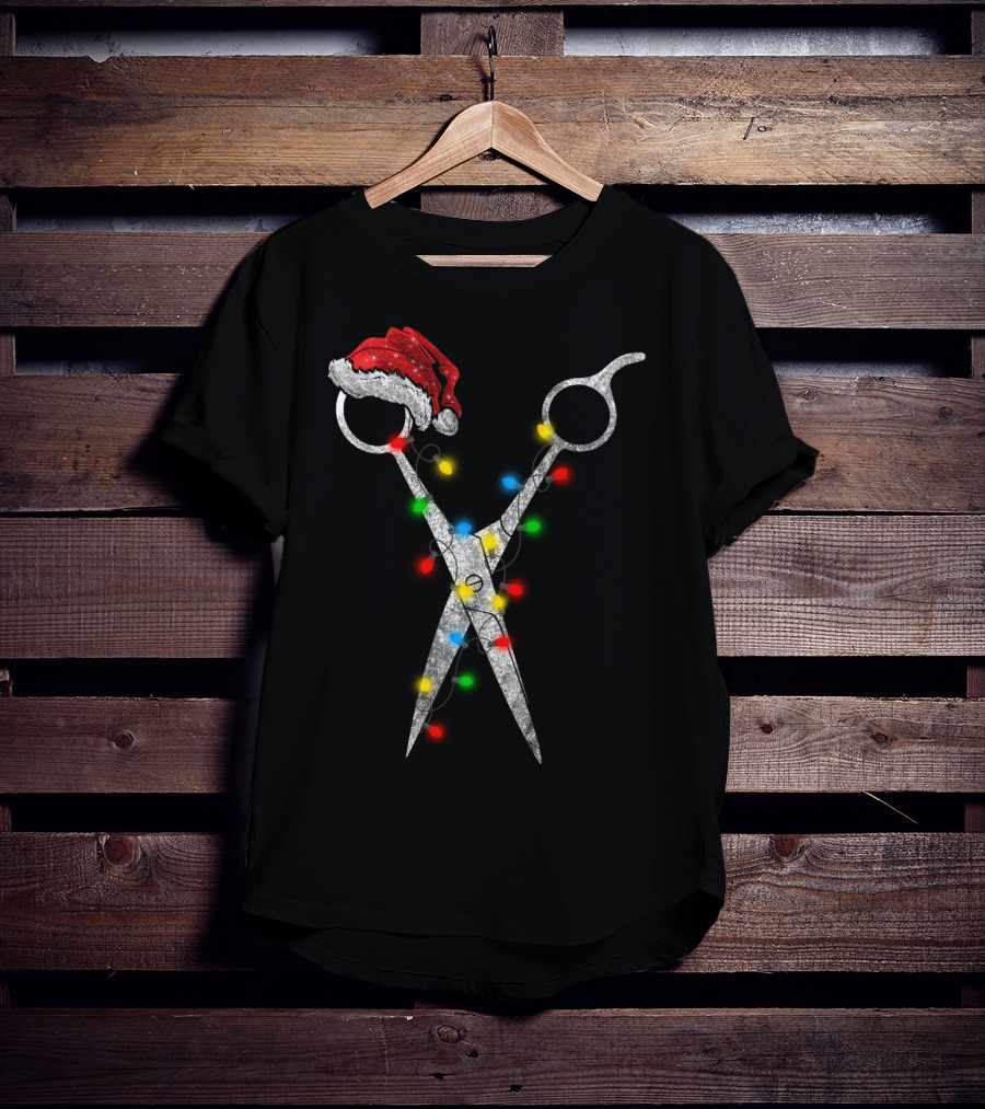 Funny Christmas Scissor Hairstylist Santa Hat Lights T-Shirt