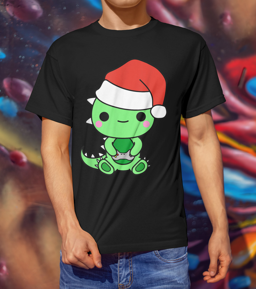 Christmas Gaming Dinosaur Santa Gamer Nerd T-Shirt