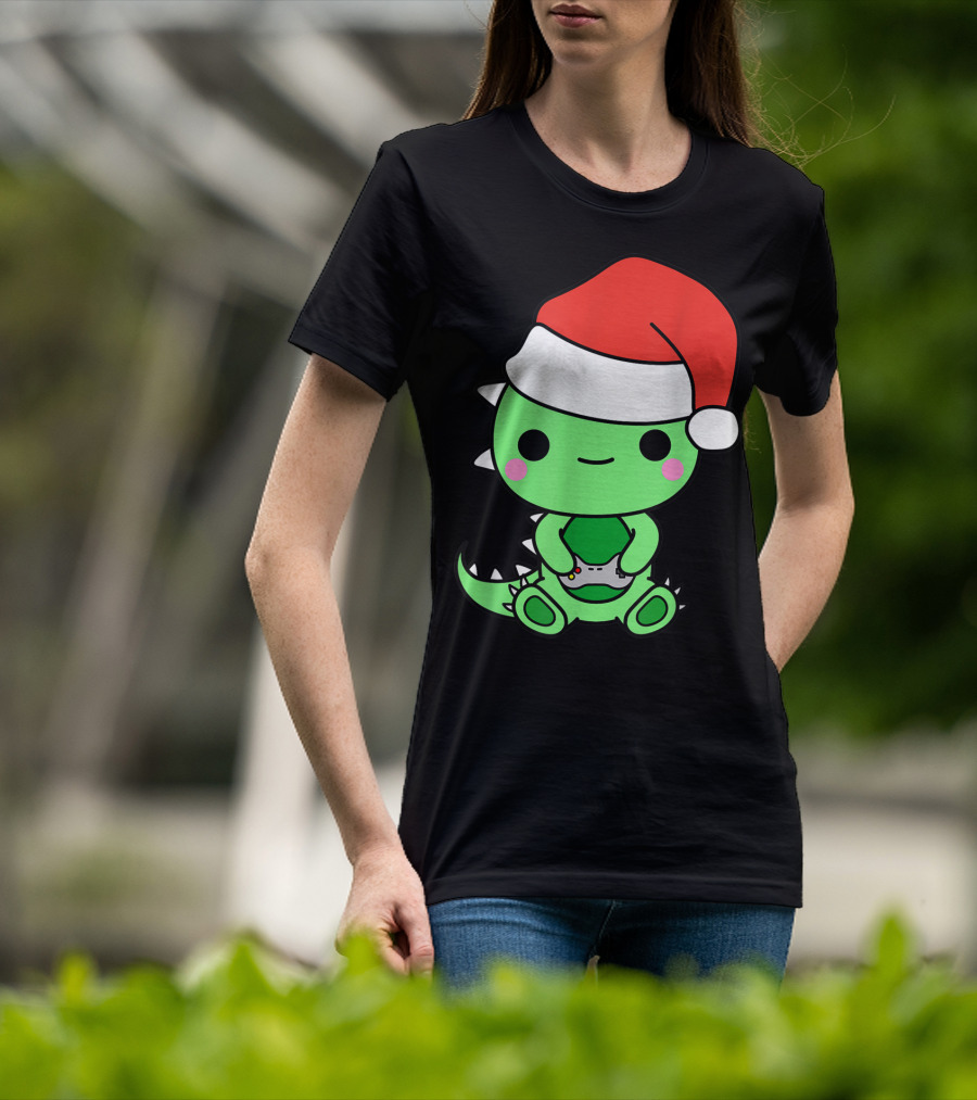Christmas Gaming Dinosaur Santa Gamer Nerd T-Shirt