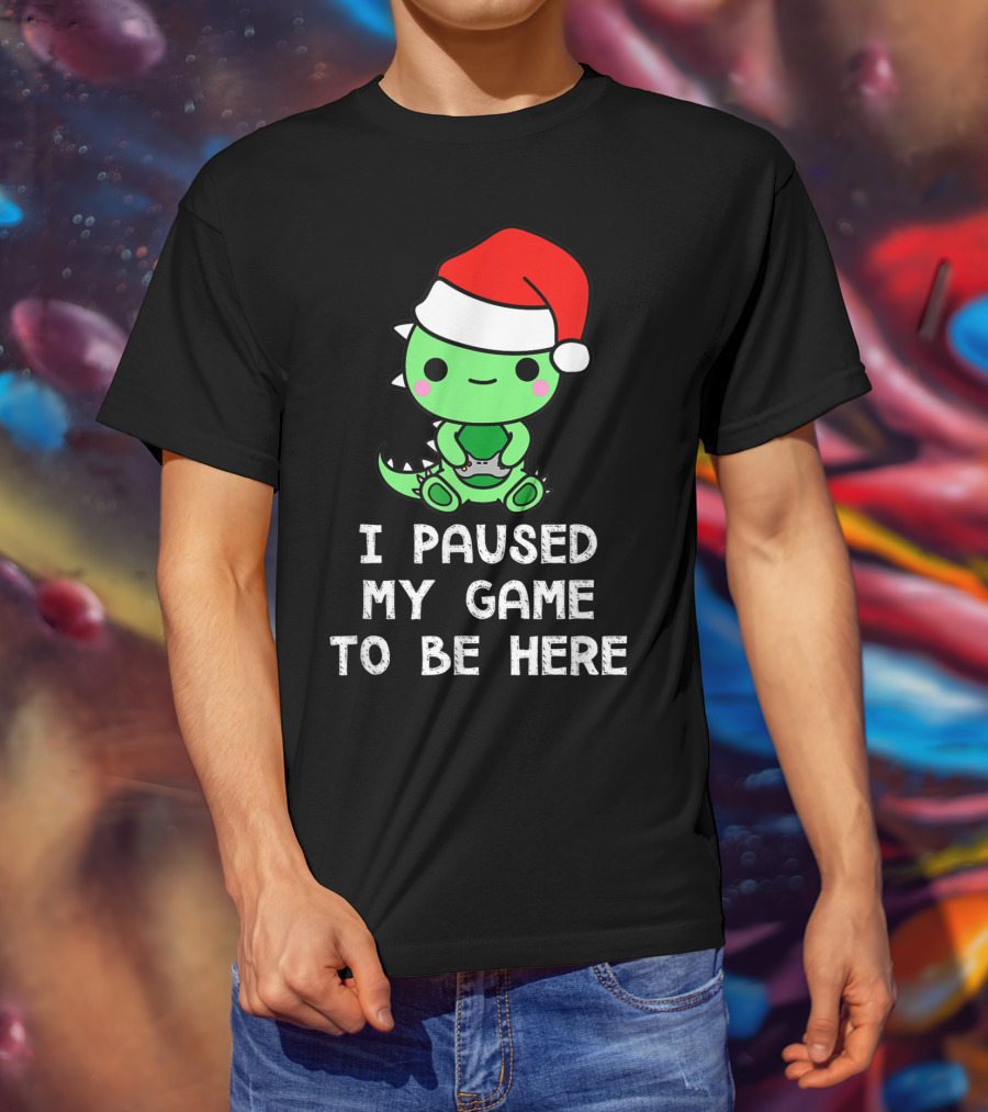 I Paused My Game To Be Here Christmas Dinosaur Gamer Santa Hat T-Shirt