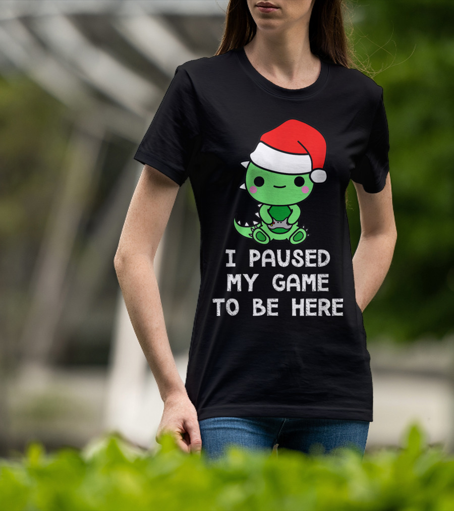 I Paused My Game To Be Here Christmas Dinosaur Gamer Santa Hat T-Shirt