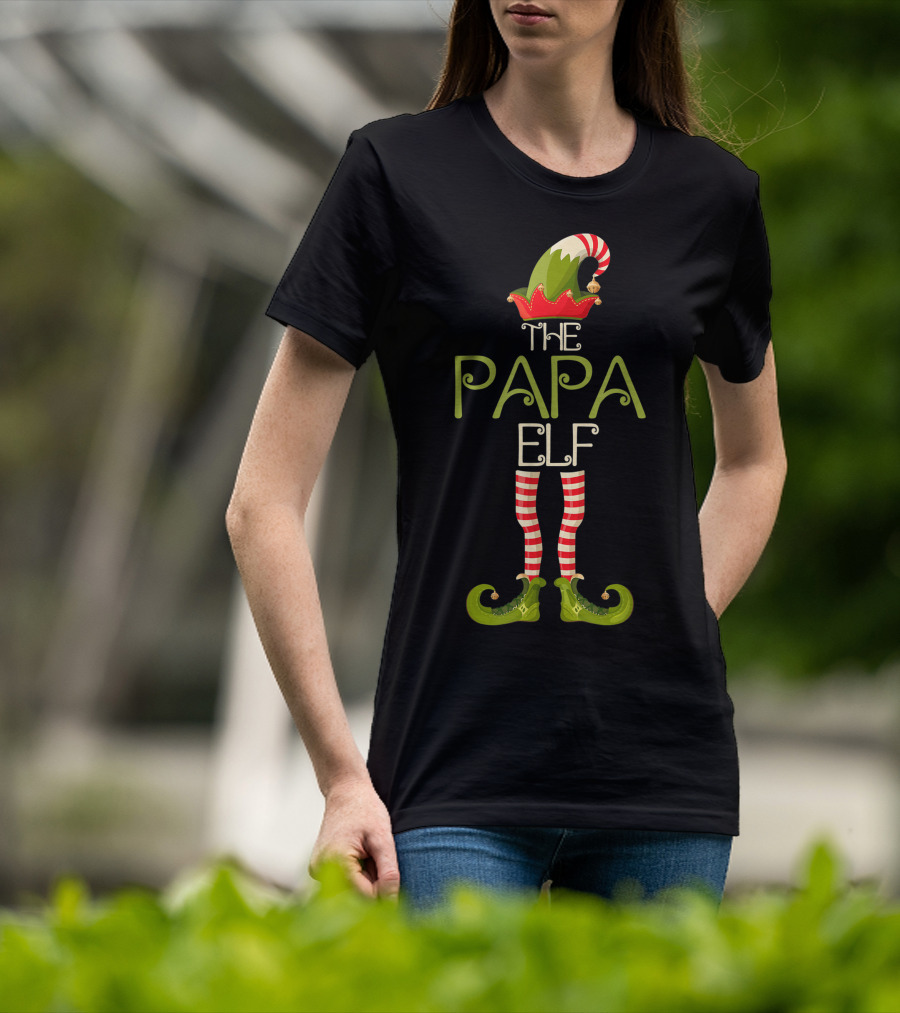 The Papa Elf Christmas Hat And Shoes With Red And White Striped Legs T-Shirt