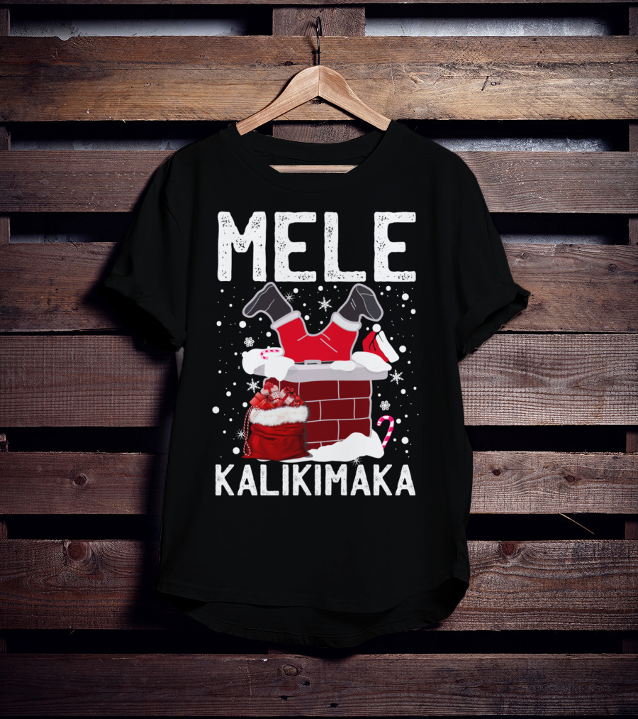 Mele Kalikimaka Santa In Chimney With Gifts Candy Cane Snowflakes Hawaiian Christmas T-Shirt