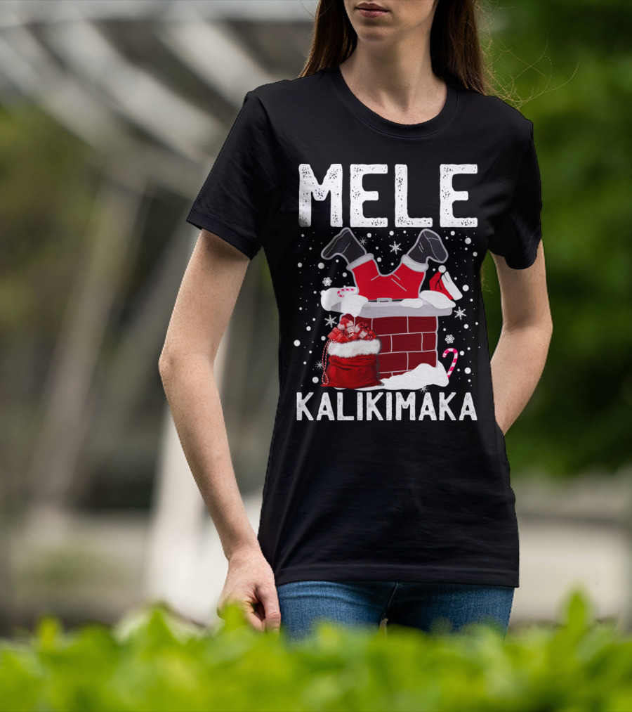 Mele Kalikimaka Santa In Chimney With Gifts Candy Cane Snowflakes Hawaiian Christmas T-Shirt