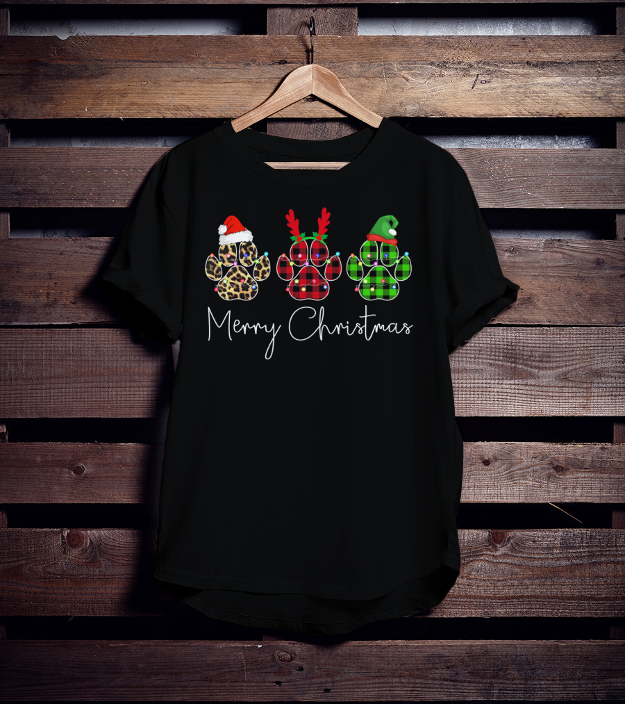 Merry Christmas Paw Dogs With Santa Hat Reindeer Antlers And Elf Hat T-Shirt
