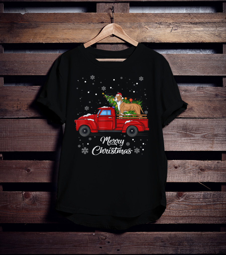 Merry Christmas Pitbull In Red Truck With Christmas Tree And Snowflakes T-Shirt