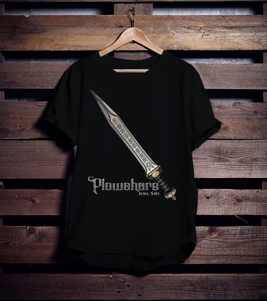 Plowshare Joel 3:10 Sword Design Red Chi Rho Brand T-Shirt